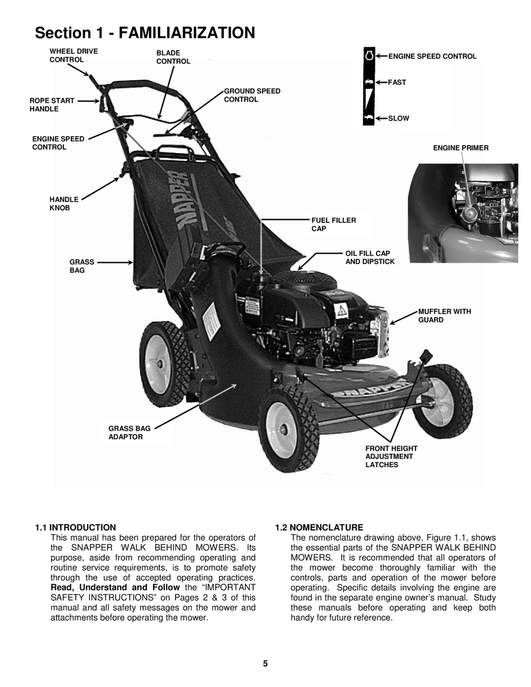 Snapper EP2167517BV important safety instructions Familiarization, Introduction Nomenclature 