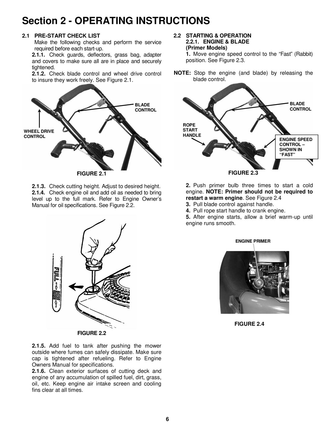 Snapper EP2167517BV Operating Instructions, PRE-START Check List, Starting & Operation 2.2.1. Engine & Blade Primer Models 