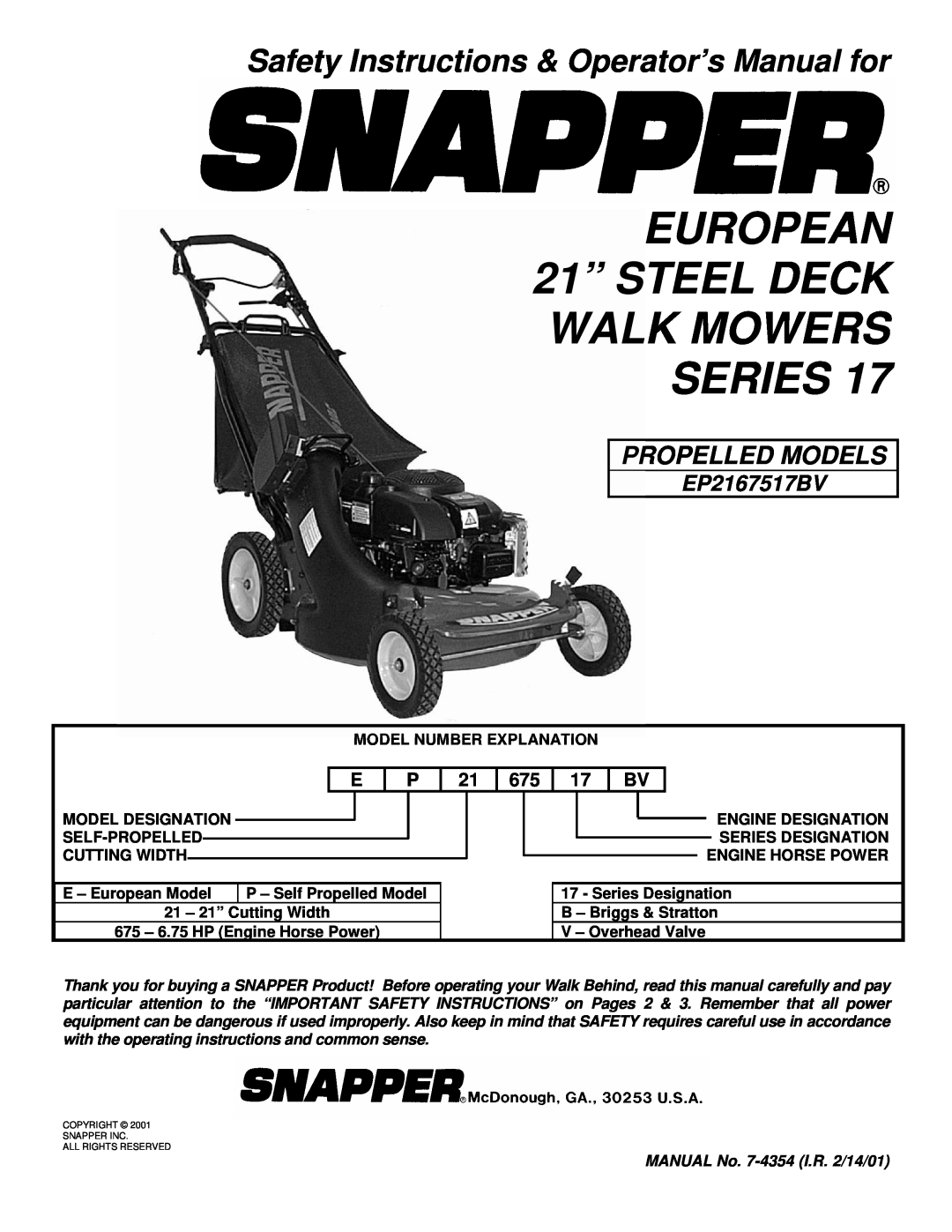 Snapper EP2167517BV important safety instructions EUROPEAN 21” STEEL DECK WALK MOWERS SERIES, Propelled Models 