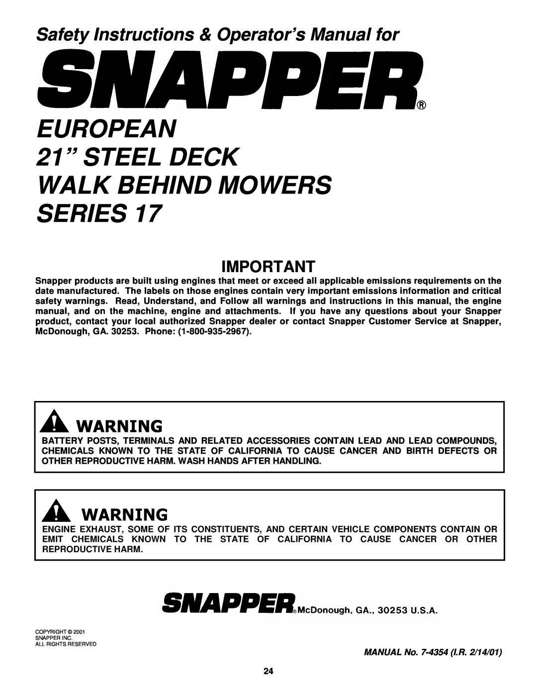 Snapper EP2167517BV EUROPEAN 21” STEEL DECK WALK BEHIND MOWERS SERIES, Safety Instructions & Operator’s Manual for 