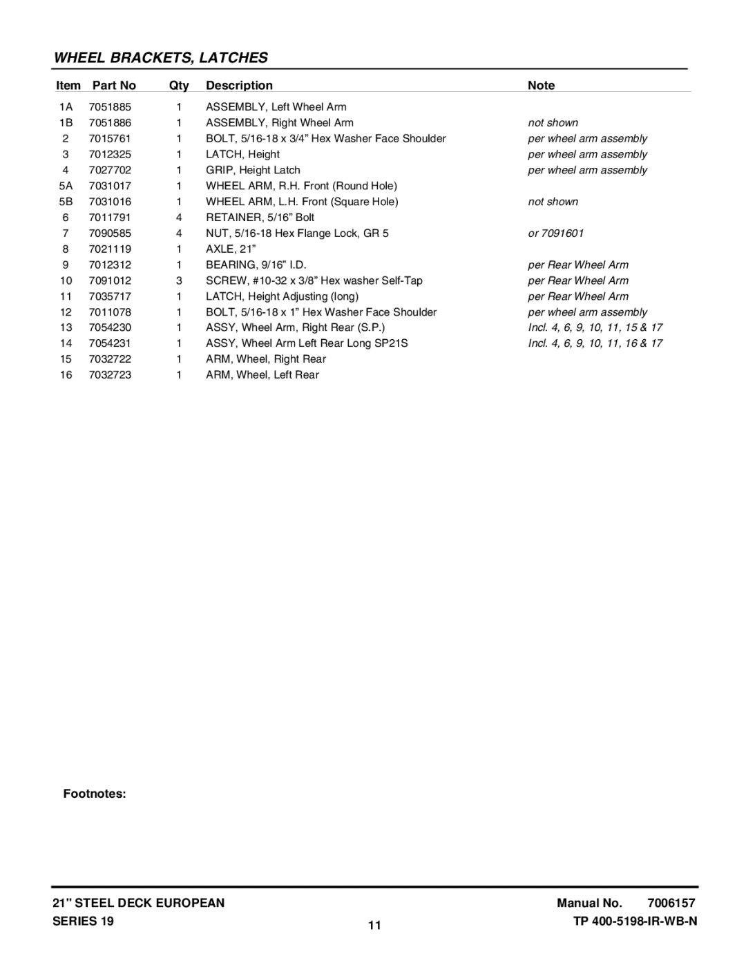 Snapper EP216751BV Not shown, Per wheel arm assembly, Per Rear Wheel Arm, Incl , 6, 9, 10, 11, 15, Incl , 6, 9, 10, 11, 16 