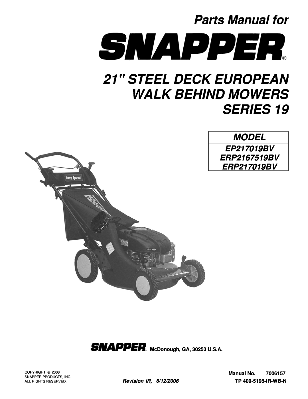 Snapper EP216751BV manual Steel Deck European Walk Behind Mowers Series, Parts Manual for, McDonough, GA, 30253 U.S.A 