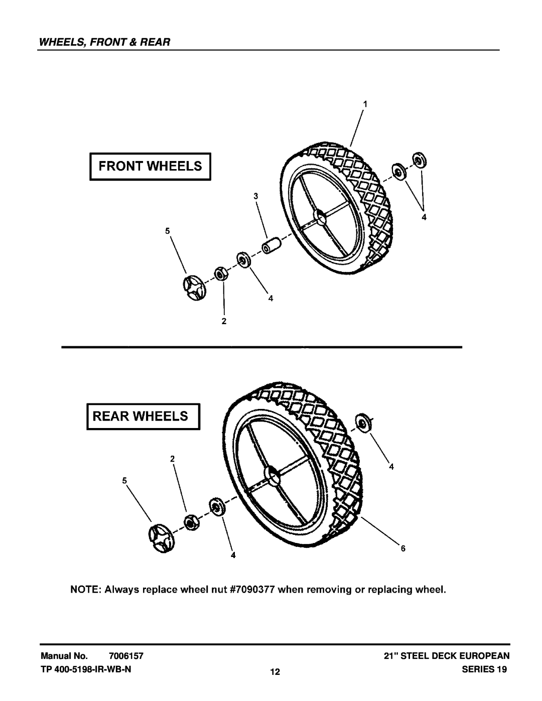 Snapper EP216751BV manual Wheels, Front & Rear, Manual No, 7006157, Steel Deck European, TP 400-5198-IR-WB-N, Series 