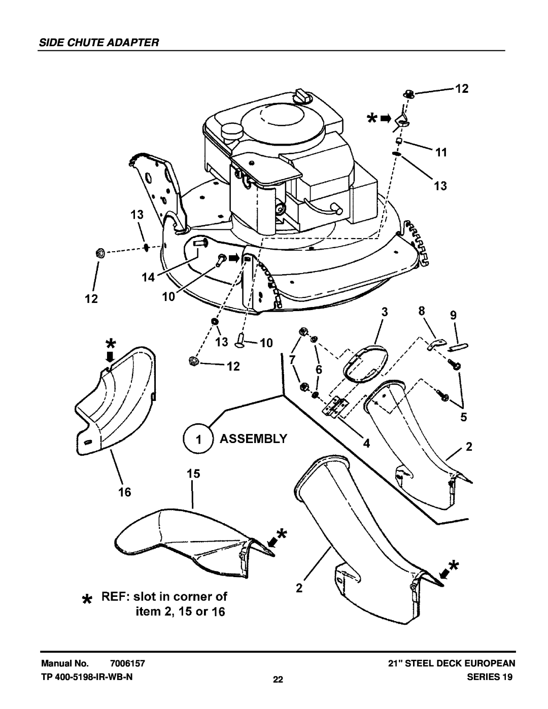 Snapper EP216751BV manual Side Chute Adapter, Manual No, 7006157, Steel Deck European, TP 400-5198-IR-WB-N, Series 