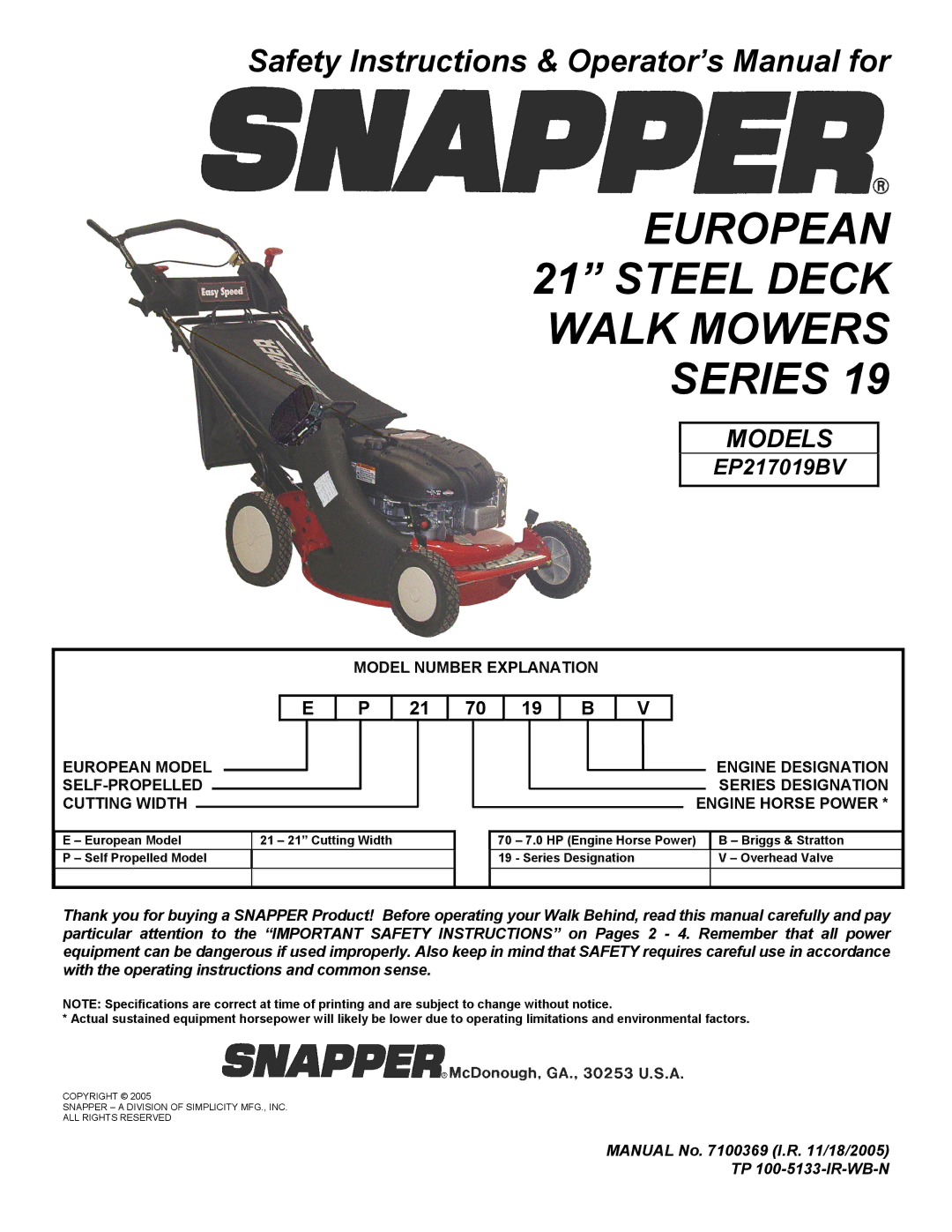 Snapper EP217019BV important safety instructions European 21 Steel Deck Walk Mowers Series 