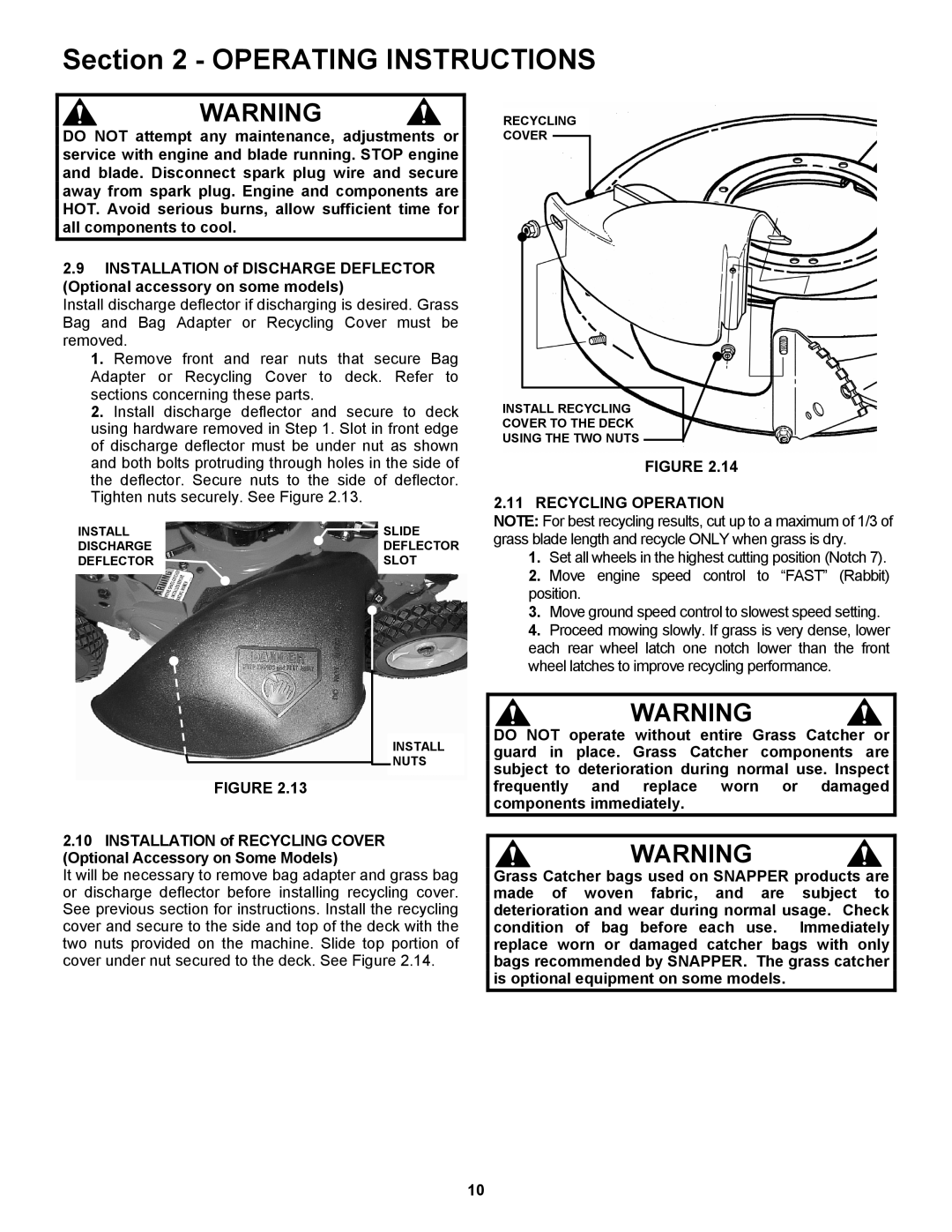 Snapper EP217019BV important safety instructions Recycling Operation 