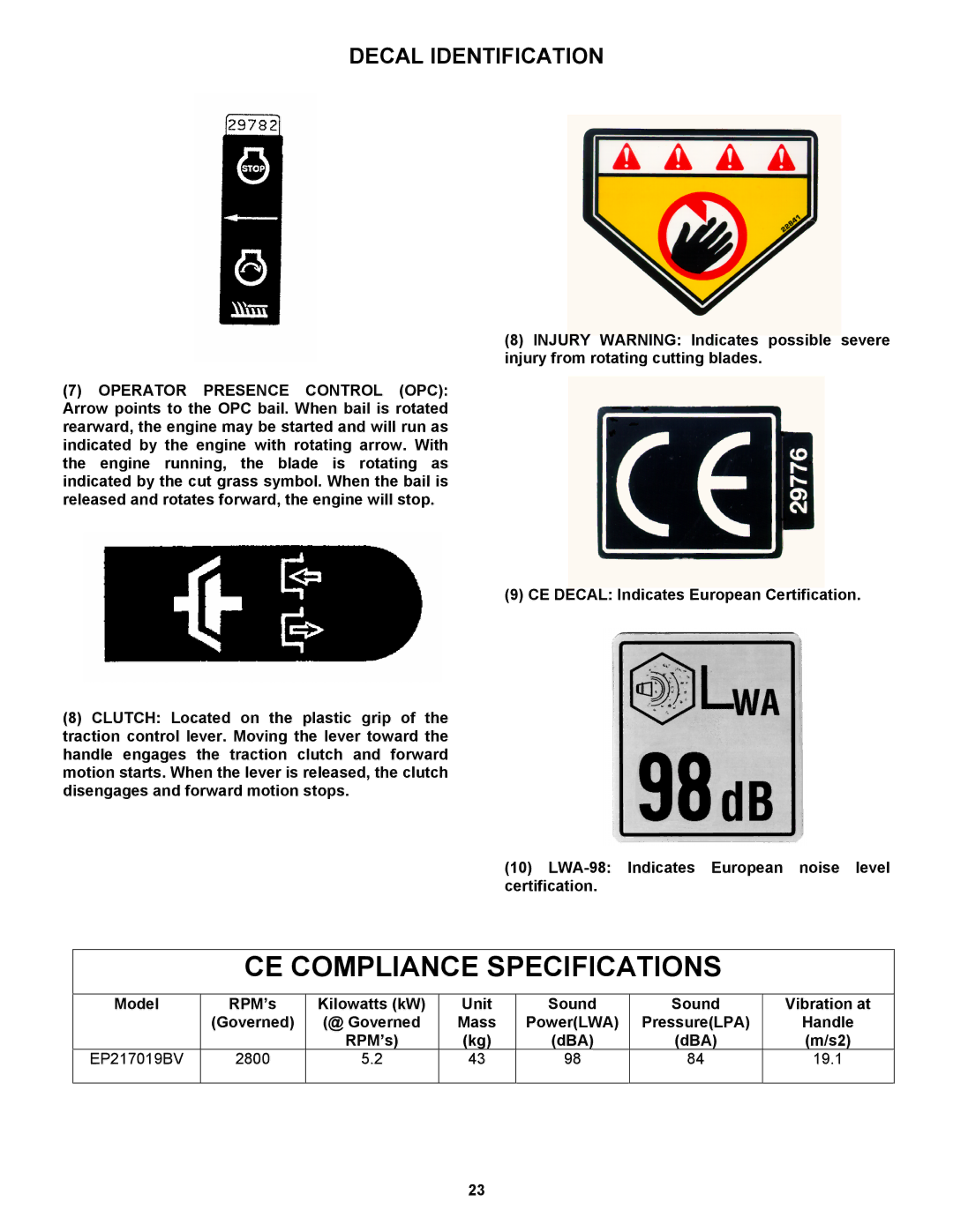 Snapper EP217019BV important safety instructions CE Compliance Specifications 