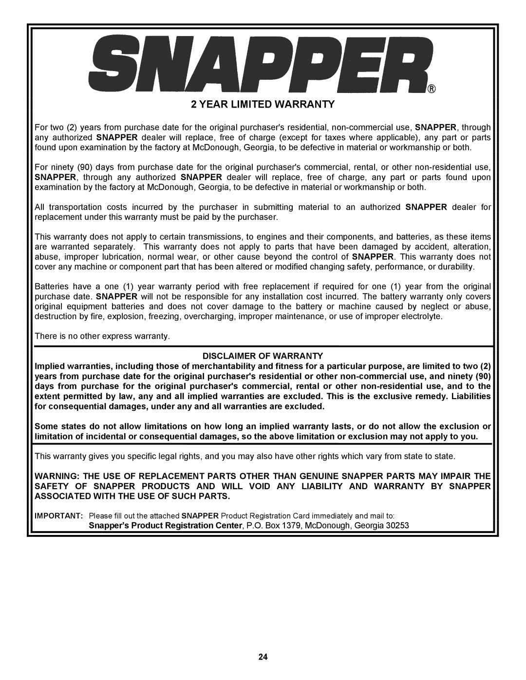 Snapper EP217019BV important safety instructions Year Limited Warranty, Disclaimer of Warranty 