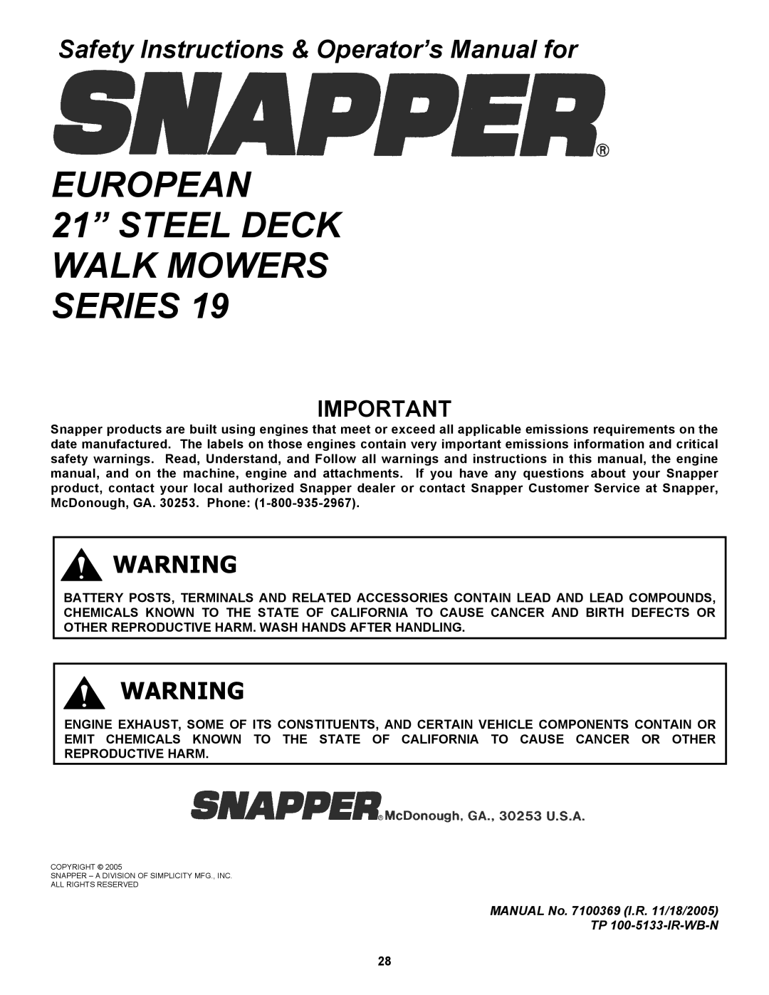 Snapper EP217019BV important safety instructions European Steel Deck Walk Mowers Series 