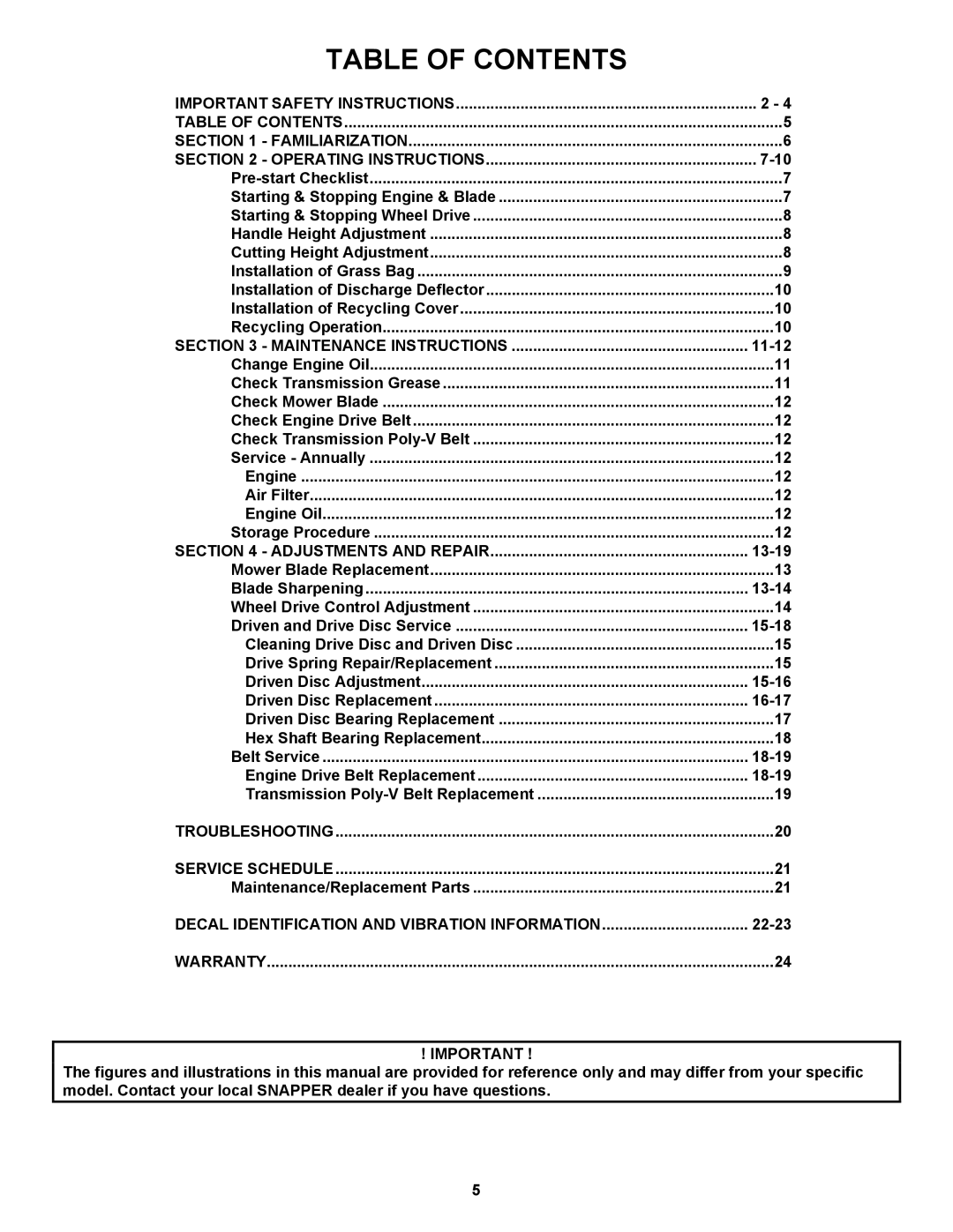 Snapper EP217019BV important safety instructions Table of Contents 