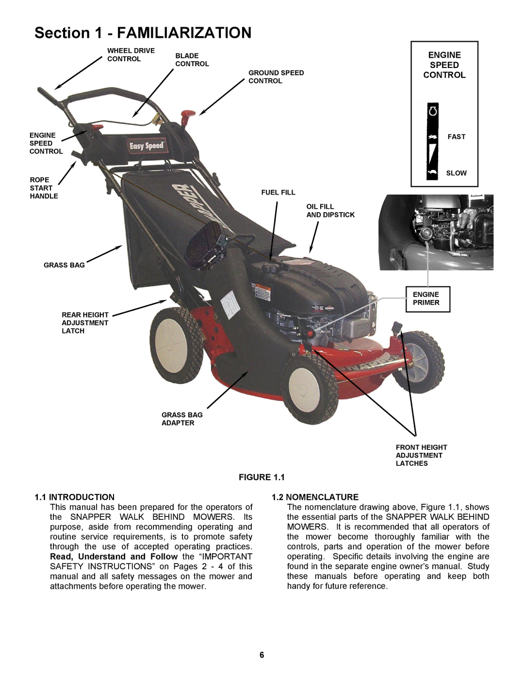 Snapper EP217019BV important safety instructions Engine Speed Control, Introduction, Nomenclature 