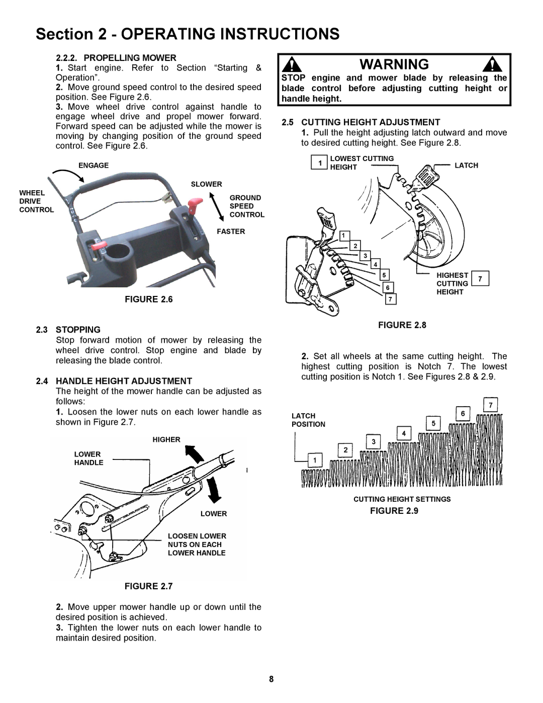 Snapper EP217019BV Propelling Mower, Cutting Height Adjustment, Stopping, Handle Height Adjustment 