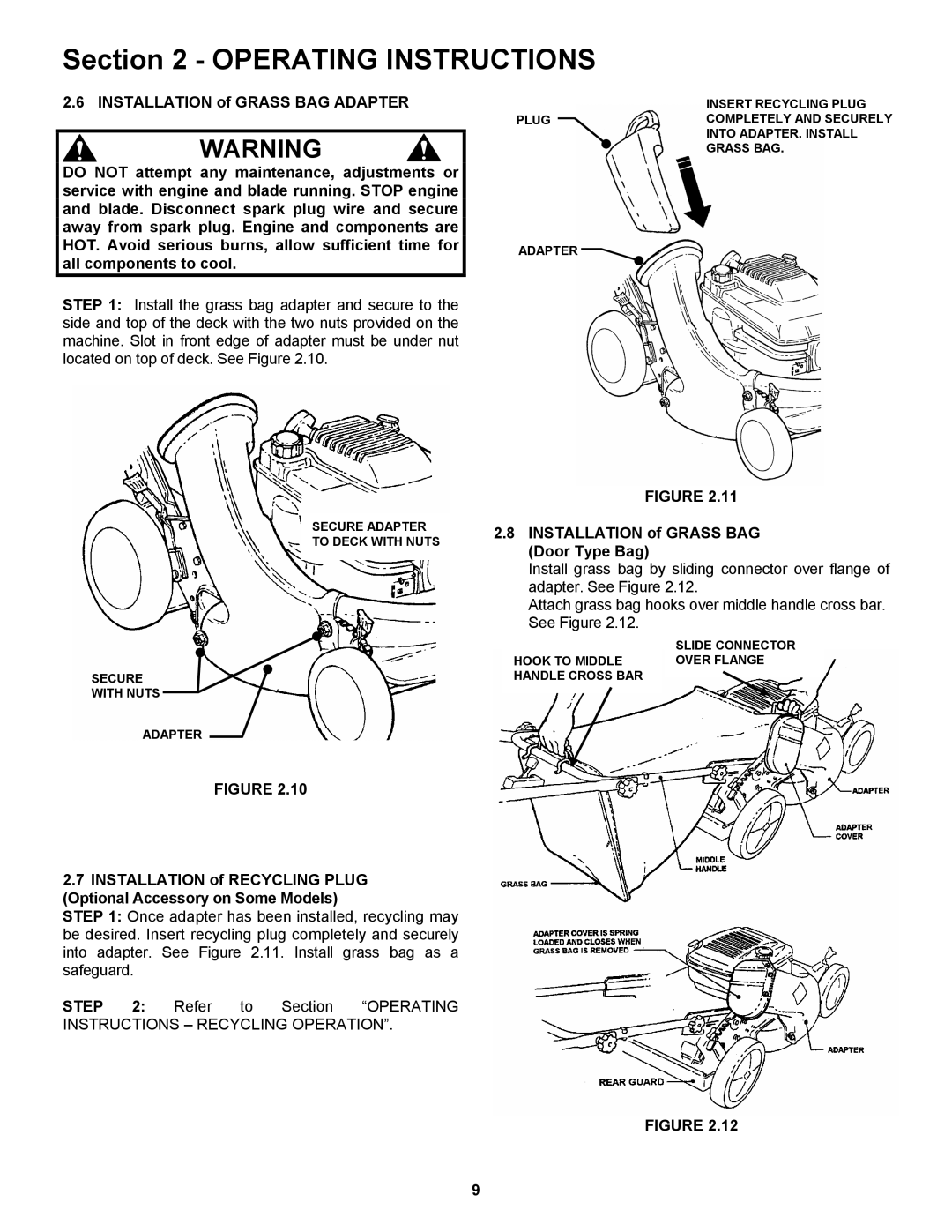 Snapper EP217019BV important safety instructions Installation of Grass BAG Door Type Bag 