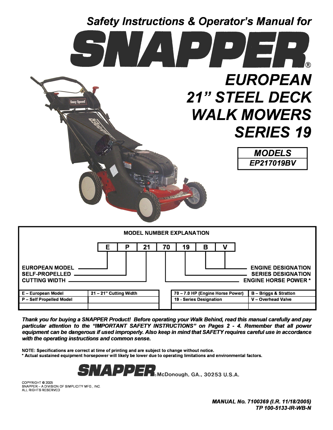 Snapper EP217019BV important safety instructions EUROPEAN 21” STEEL DECK WALK MOWERS SERIES, Models 