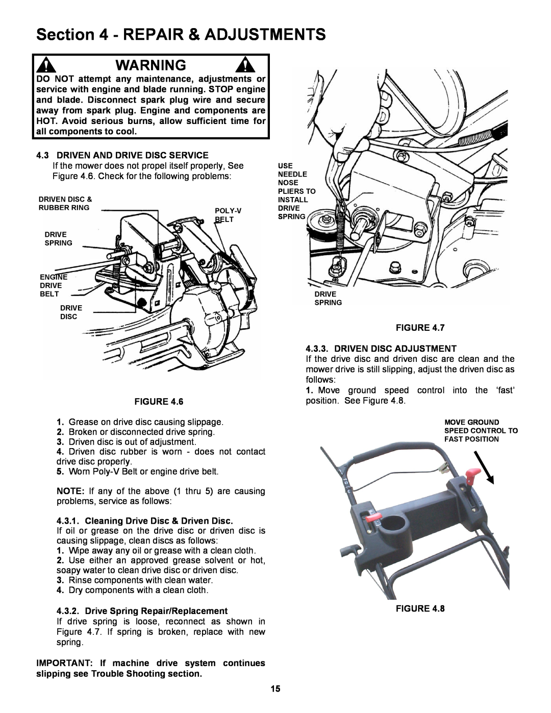 Snapper EP217019BV important safety instructions Repair & Adjustments, Grease on drive disc causing slippage 