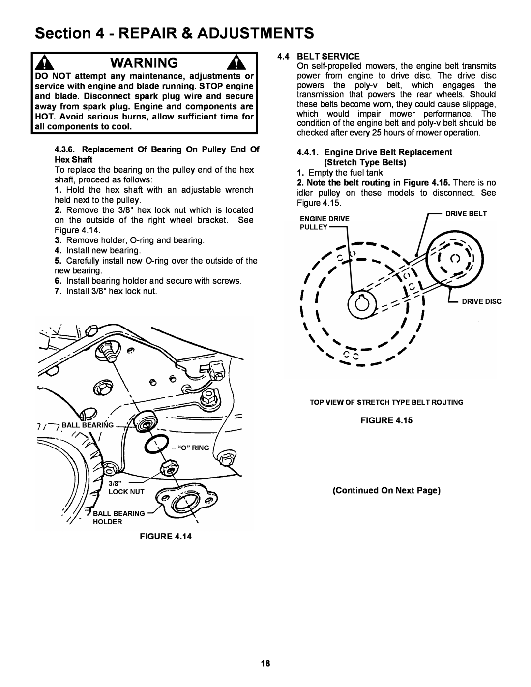 Snapper EP217019BV important safety instructions Repair & Adjustments, To replace the bearing on the pulley end of the hex 