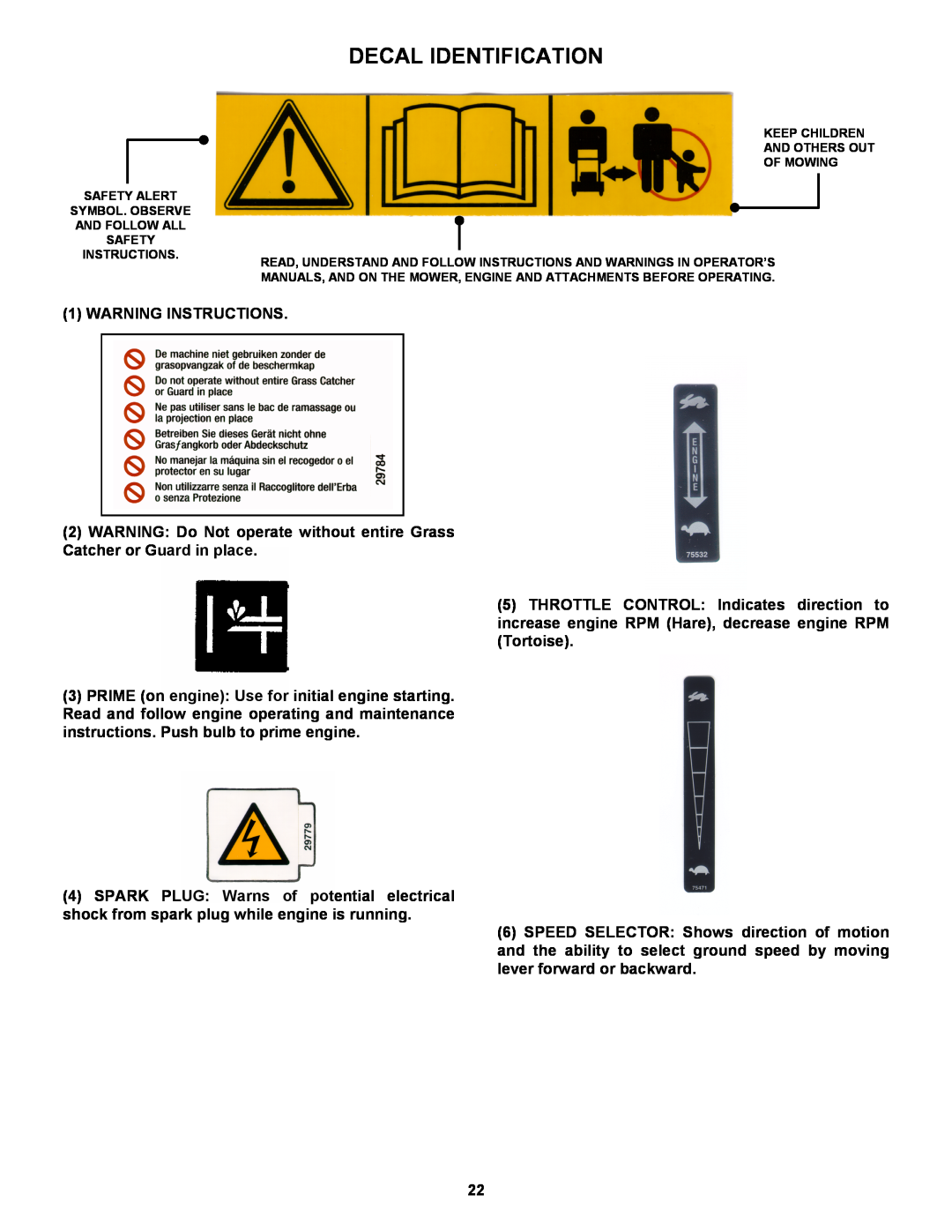Snapper EP217019BV important safety instructions Decal Identification 