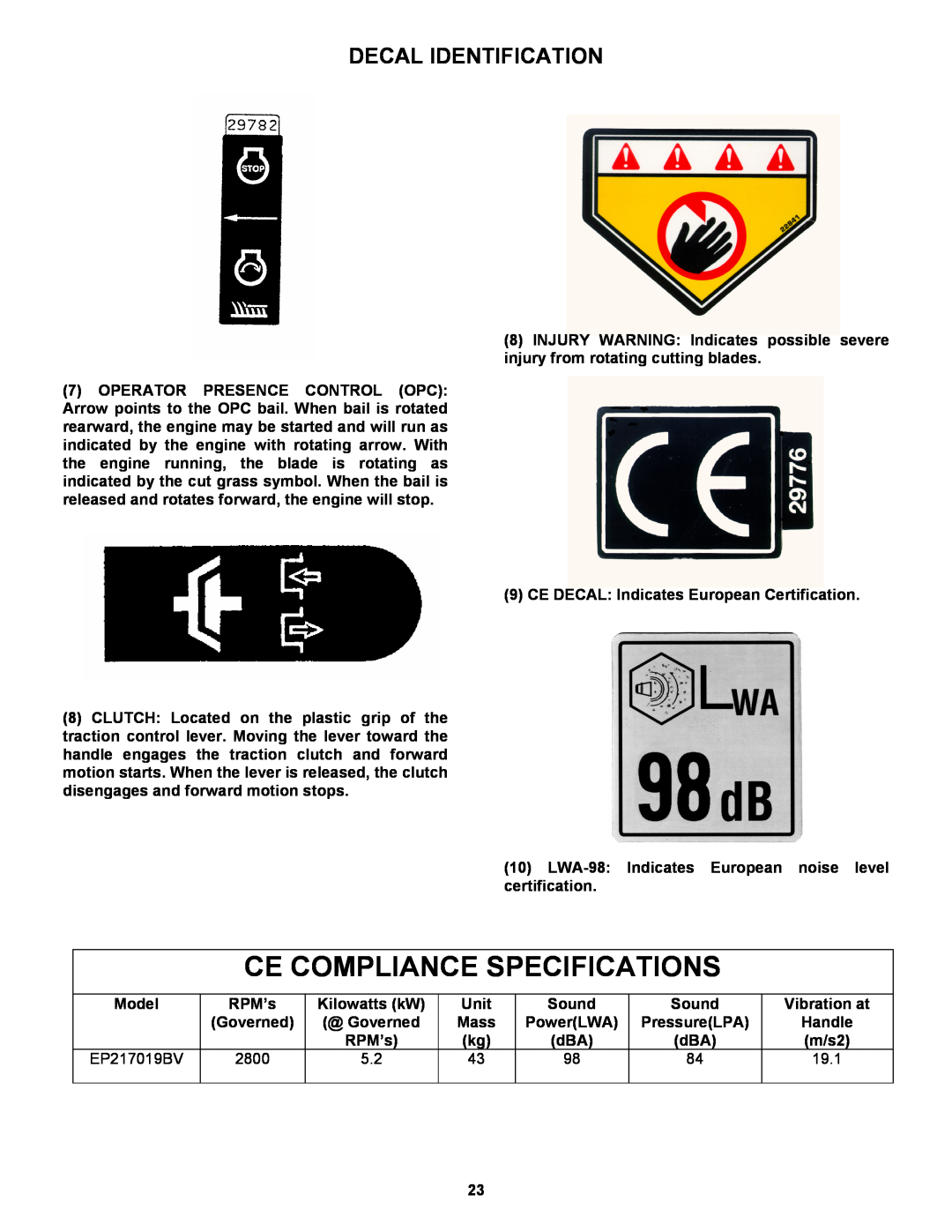 Snapper EP217019BV important safety instructions Ce Compliance Specifications, Decal Identification 