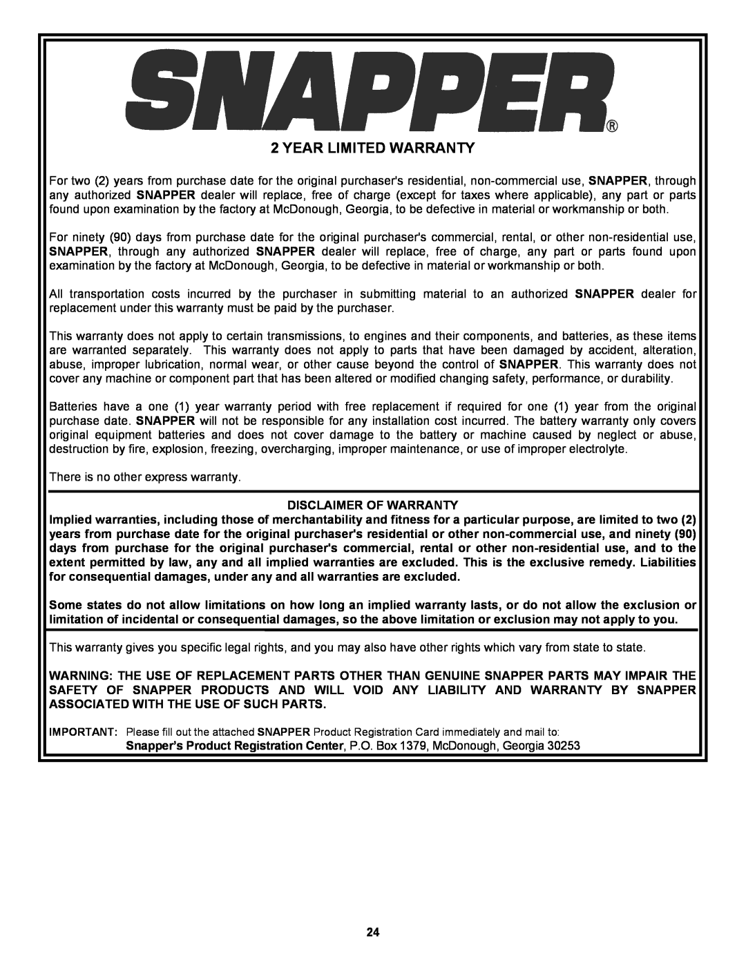 Snapper EP217019BV important safety instructions Year Limited Warranty 