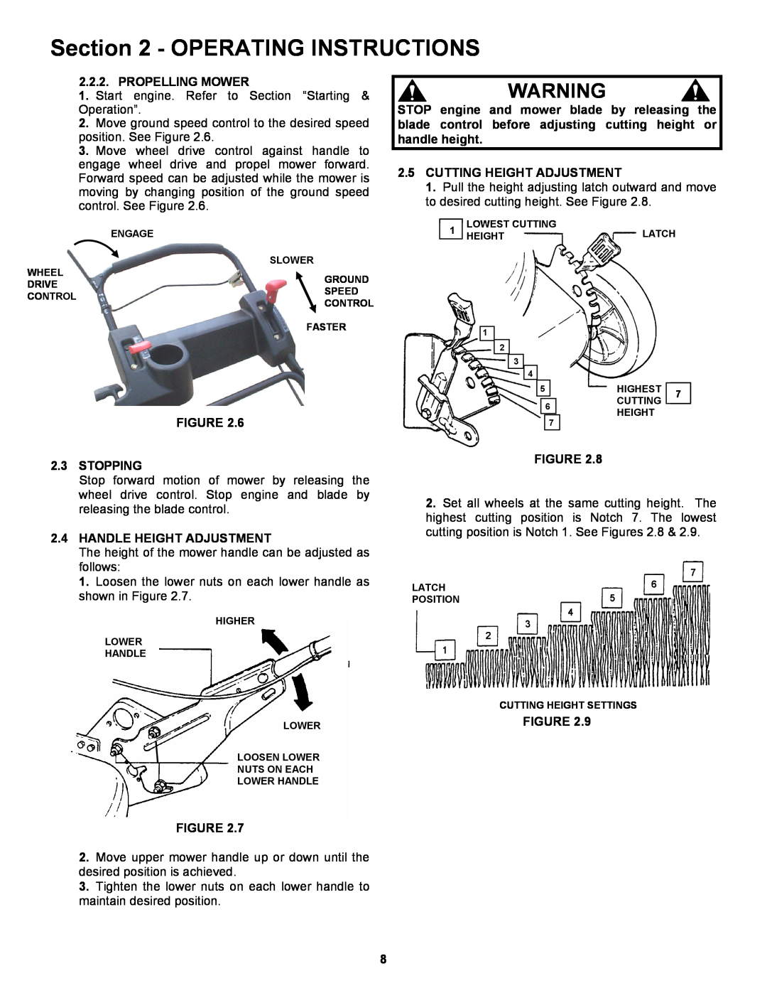 Snapper EP217019BV Operating Instructions, Propelling Mower, Cutting Height Adjustment, Stopping, Handle Height Adjustment 