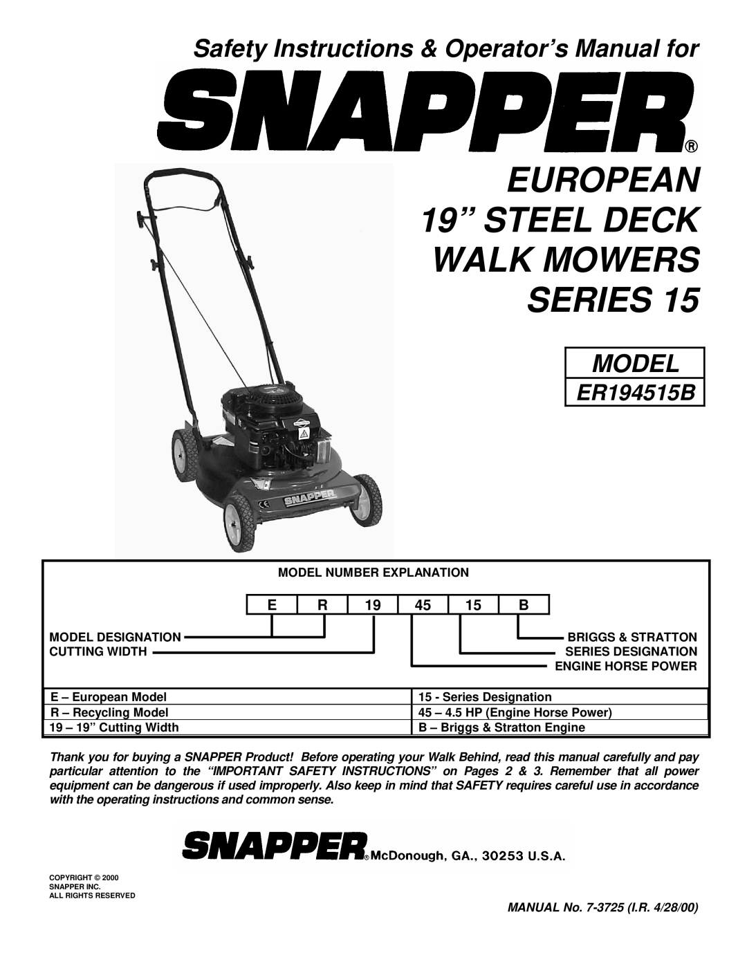 Snapper ER194515B important safety instructions European 19 Steel Deck Walk Mowers Series 