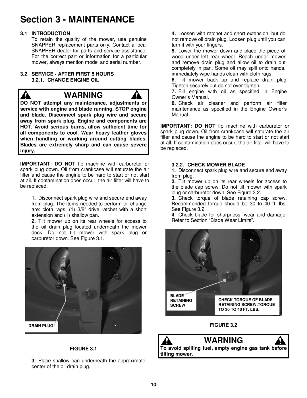 Snapper ER194515B Maintenance, Service After First 5 Hours 3.2.1. Change Engine OIL, Check Mower Blade 