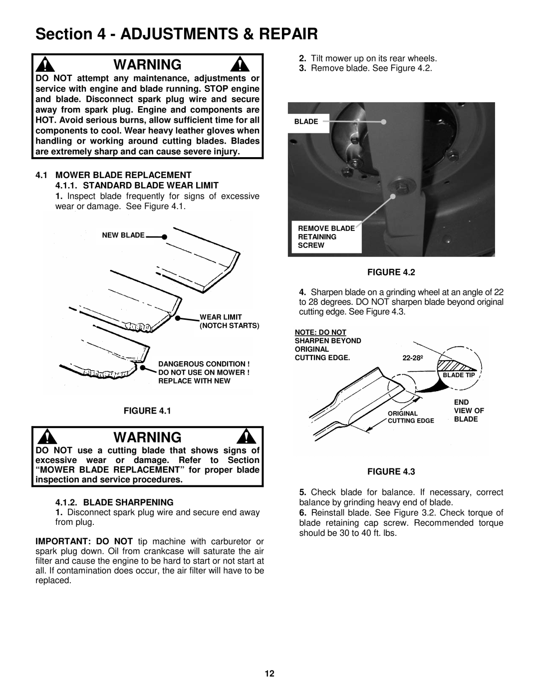 Snapper ER194515B Adjustments & Repair, Mower Blade Replacement 4.1.1. Standard Blade Wear Limit, Blade Sharpening 