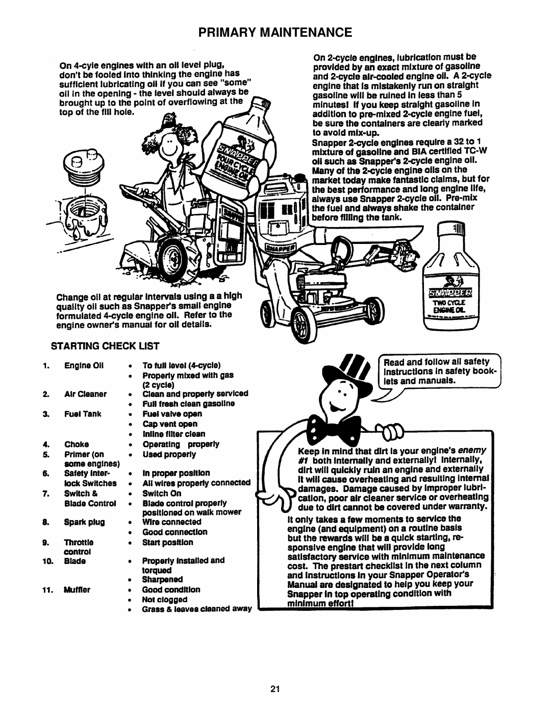 Snapper ER194515B important safety instructions Primary Maintenance 