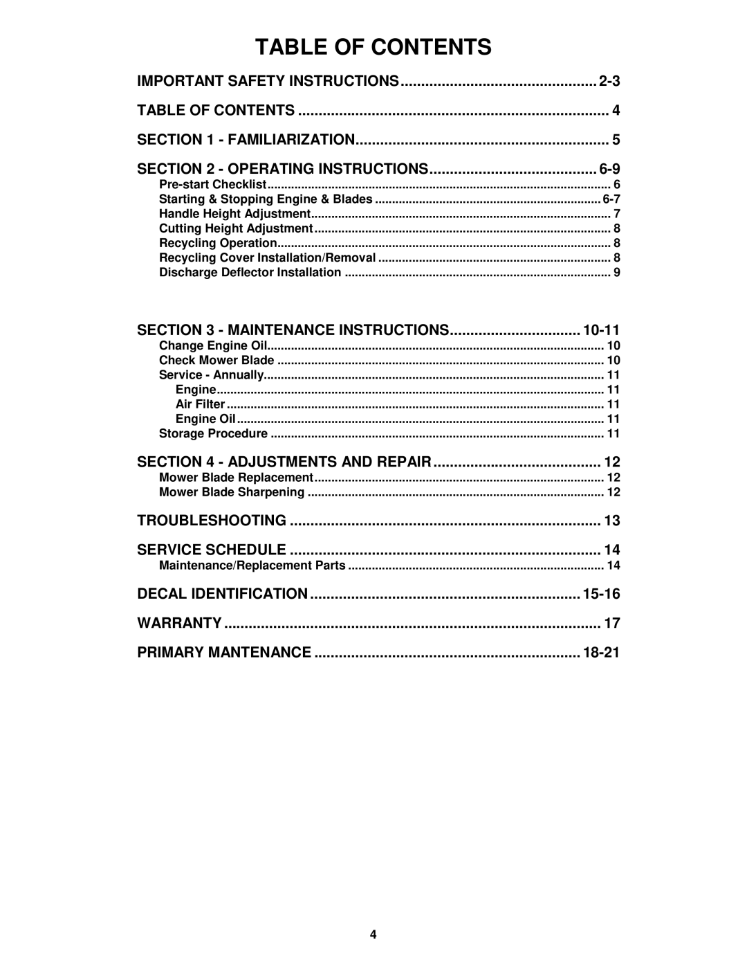 Snapper ER194515B important safety instructions Table of Contents 