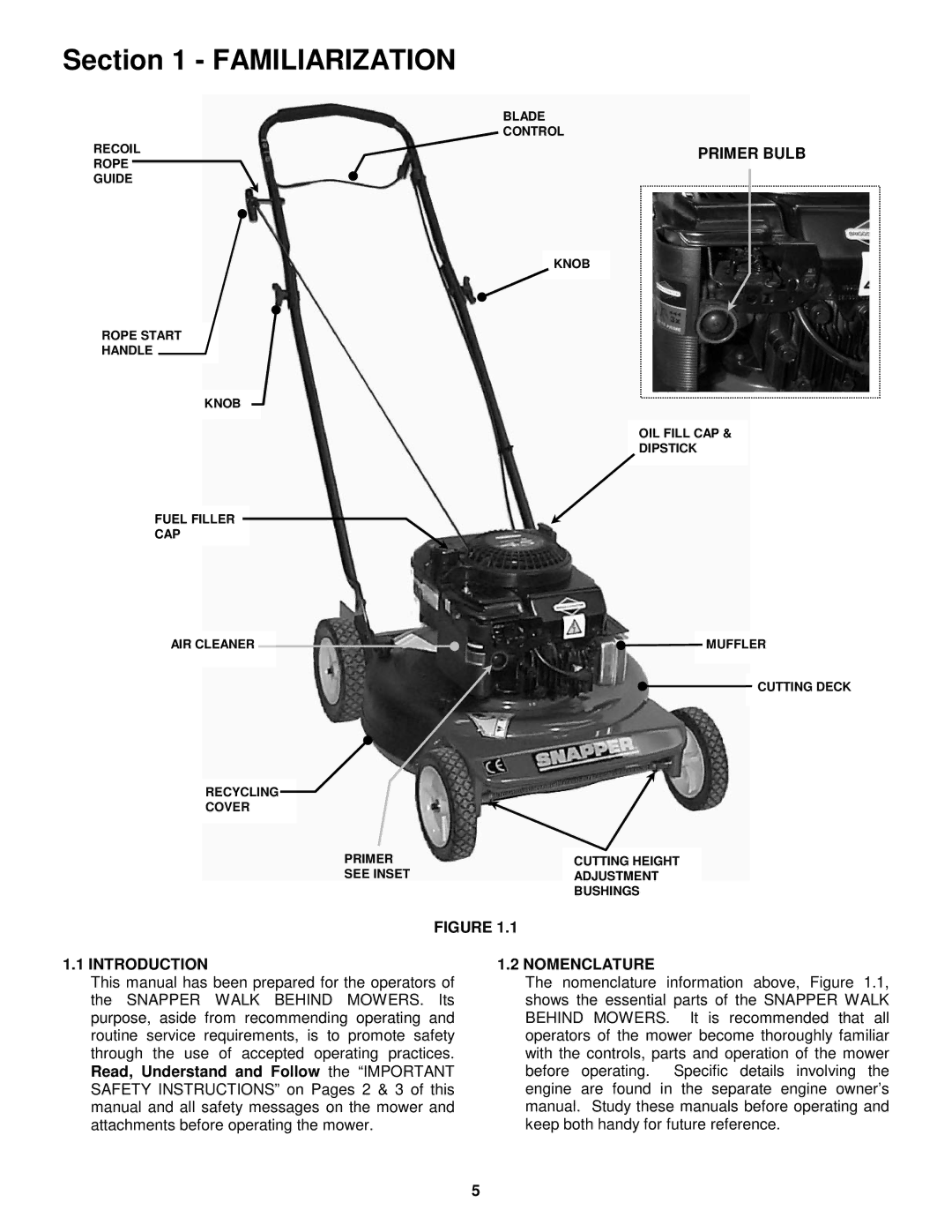 Snapper ER194515B important safety instructions Familiarization, Primer Bulb, Introduction, Nomenclature 