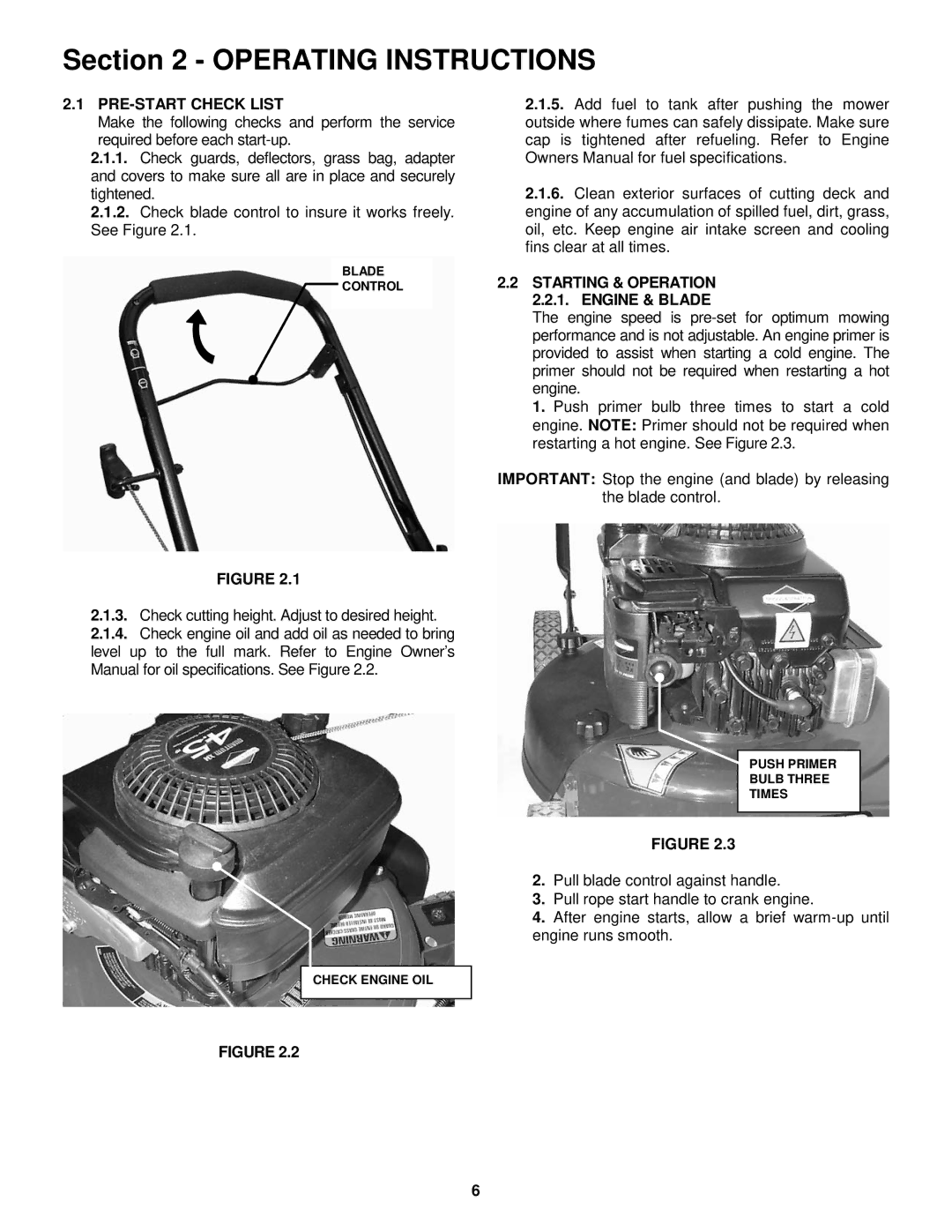 Snapper ER194515B Operating Instructions, PRE-START Check List, Starting & Operation 2.2.1. Engine & Blade 