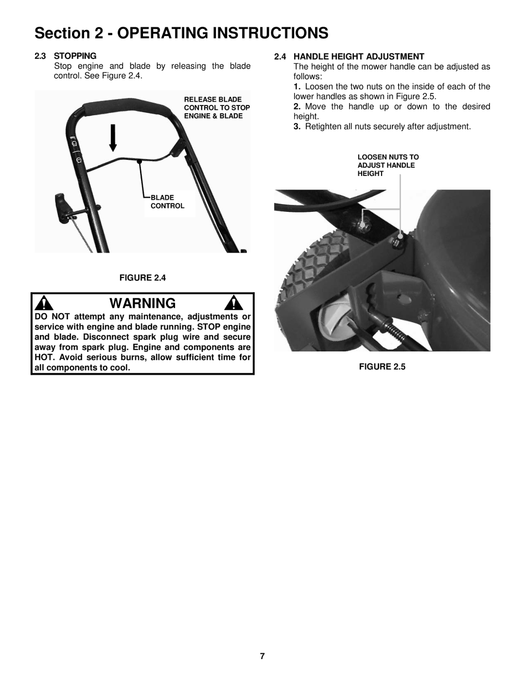 Snapper ER194515B important safety instructions Stopping, Handle Height Adjustment 