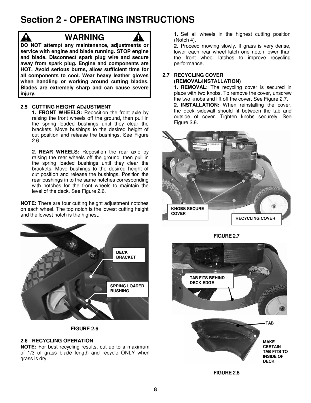 Snapper ER194515B Cutting Height Adjustment, Recycling Operation, Recycling Cover REMOVAL/INSTALLATION 