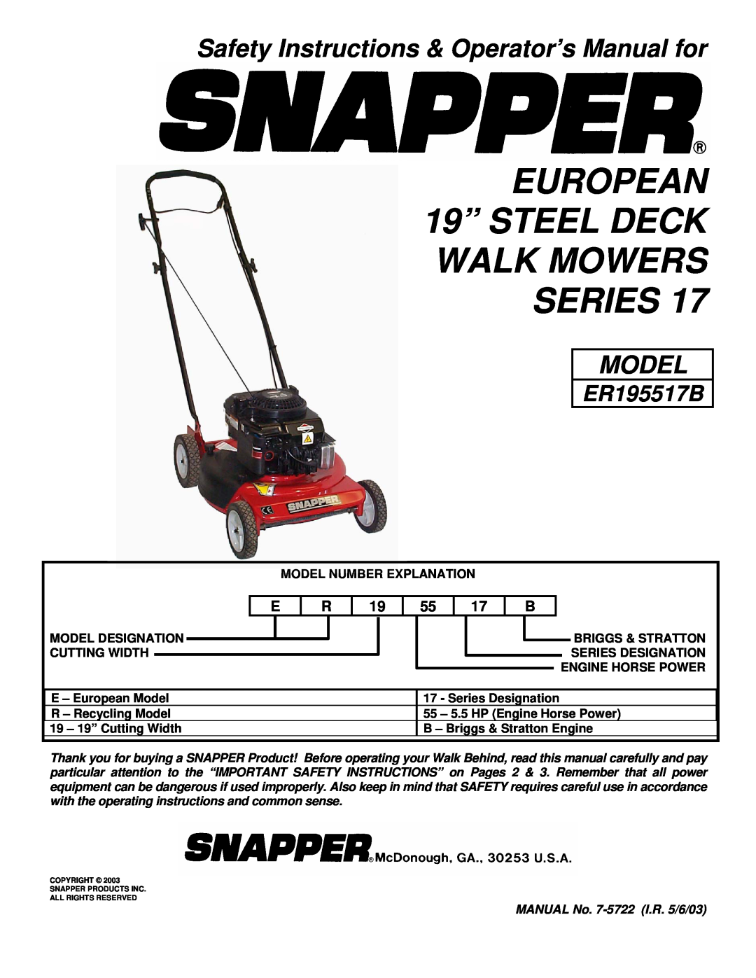Snapper ER195517B important safety instructions EUROPEAN 19” STEEL DECK WALK MOWERS SERIES, Model 