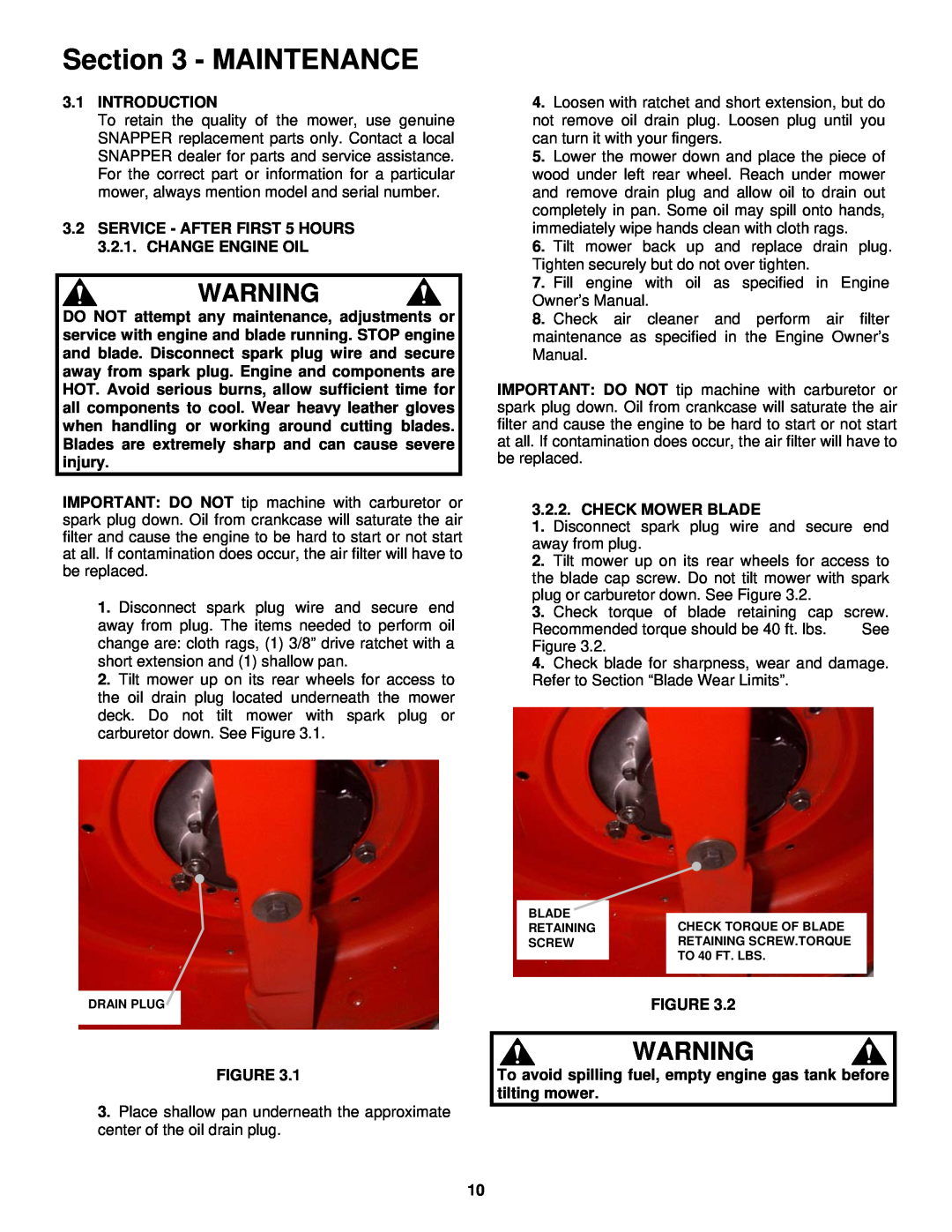 Snapper ER195517B important safety instructions Maintenance, 3.1INTRODUCTION, Check Mower Blade 