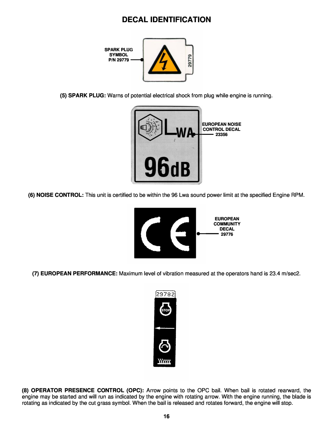 Snapper ER195517B Decal Identification, Spark Plug Symbol P/N, European Noise Control Decal, European Community Decal 