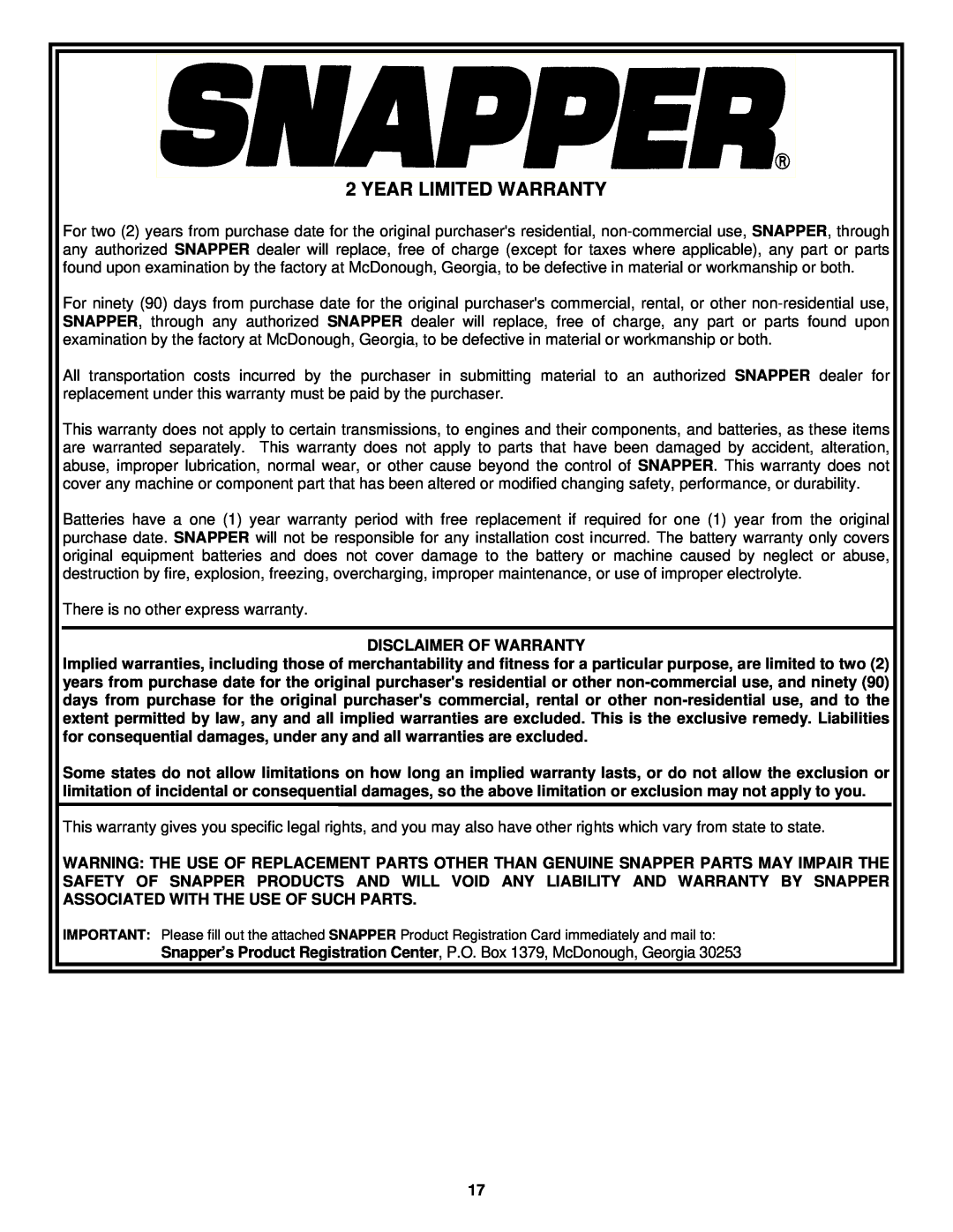 Snapper ER195517B important safety instructions Year Limited Warranty 