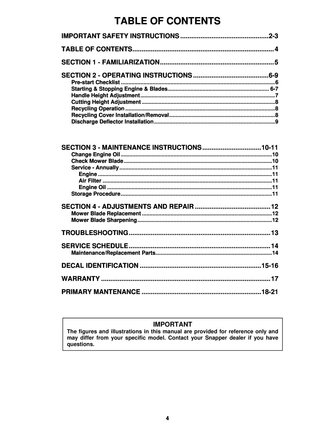 Snapper ER195517B important safety instructions Table Of Contents 