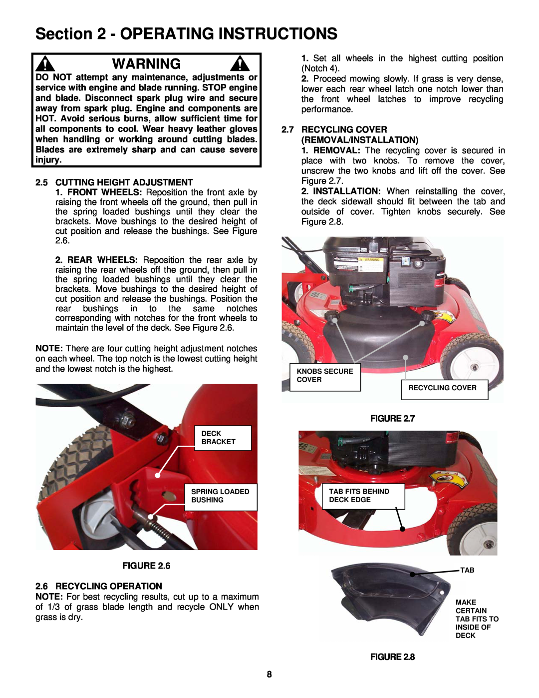 Snapper ER195517B Operating Instructions, 2.5CUTTING HEIGHT ADJUSTMENT, 6 RECYCLING OPERATION, Tab Fits To Inside Of Deck 