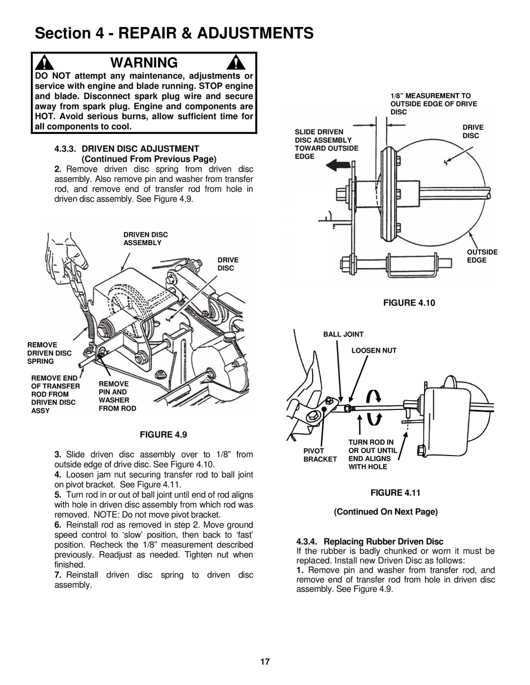 Snapper EP217018BV, ERP217018BV, ERP217018BV, EP217018BV important safety instructions On Next Replacing Rubber Driven Disc 