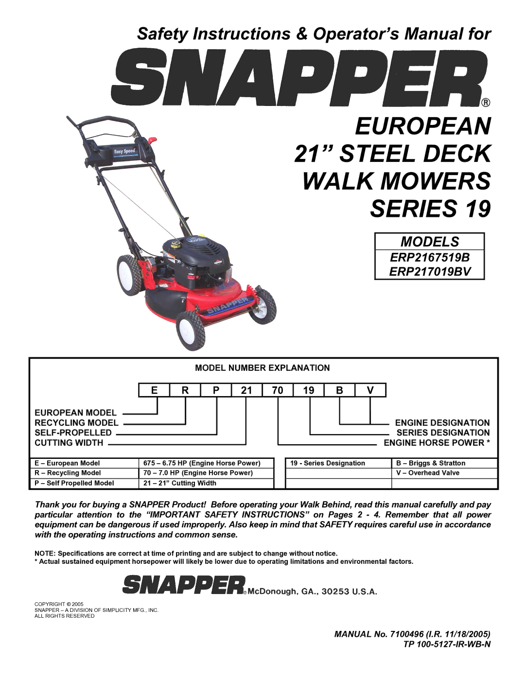 Snapper ERP217019BV important safety instructions Engine Designation, Series Designation, Engine Horse Power 