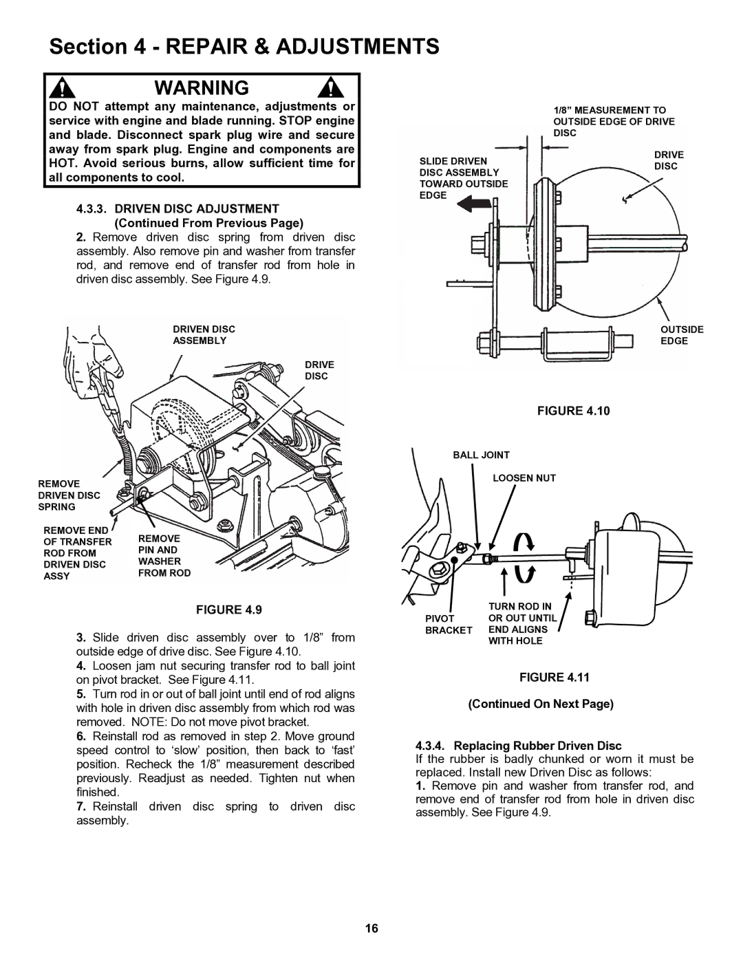 Snapper ERP217019BV important safety instructions On Next Replacing Rubber Driven Disc 