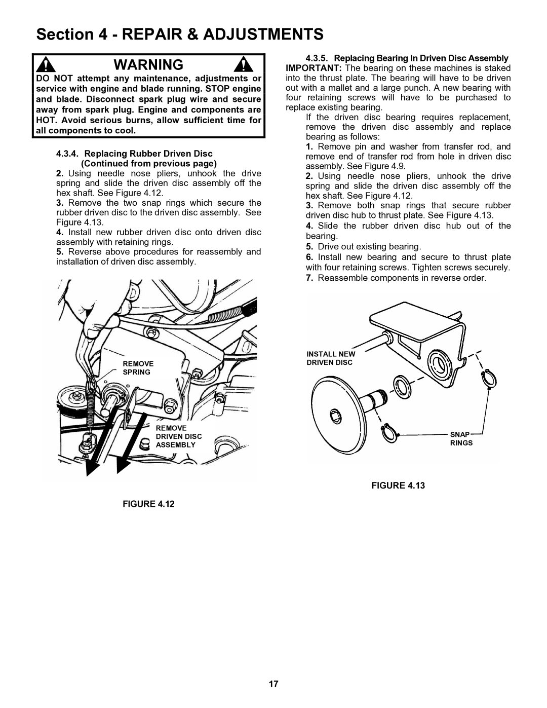 Snapper ERP217019BV important safety instructions Repair & Adjustments 