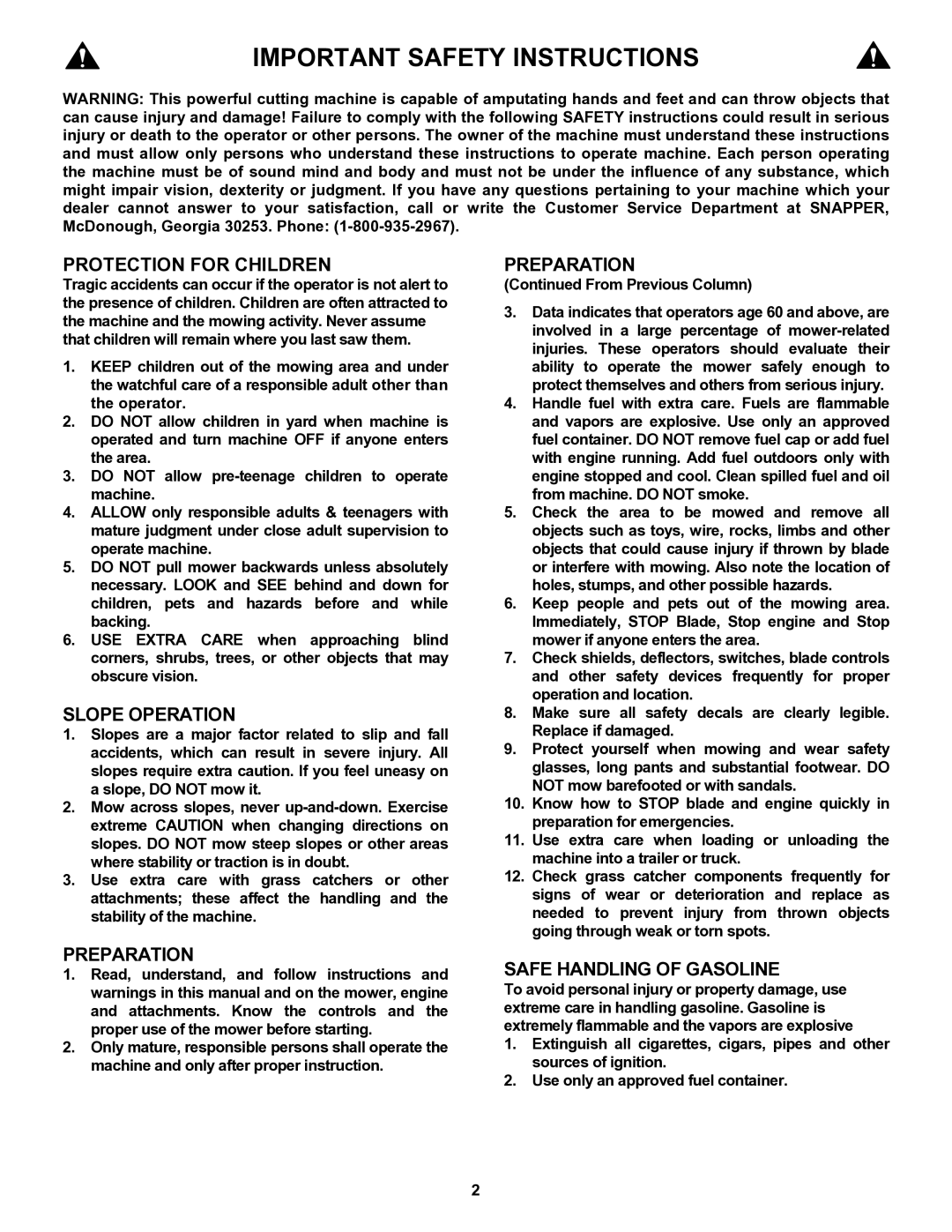 Snapper ERP217019BV important safety instructions Important Safety Instructions, From Previous Column 