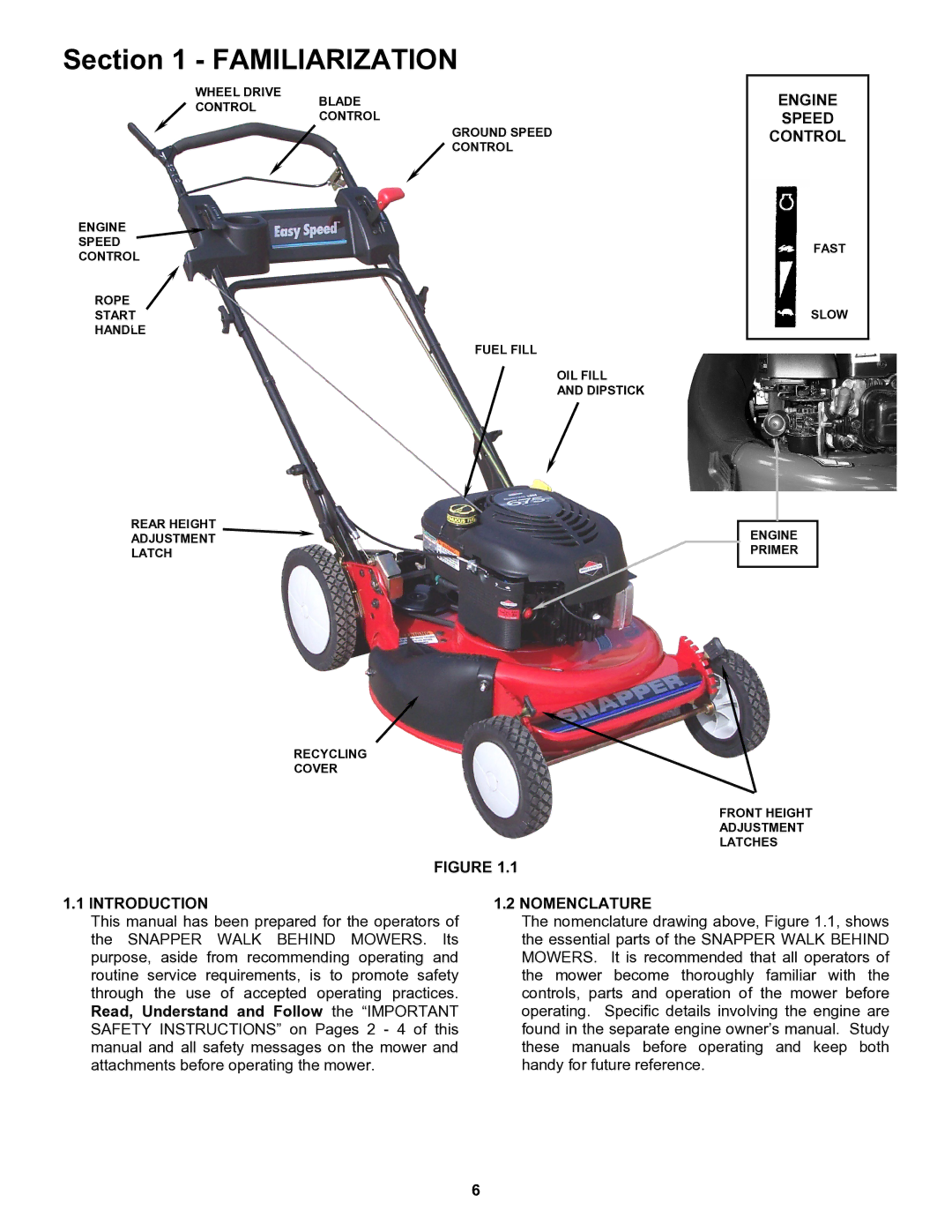 Snapper ERP217019BV important safety instructions Engine Speed Control, Introduction, Nomenclature 