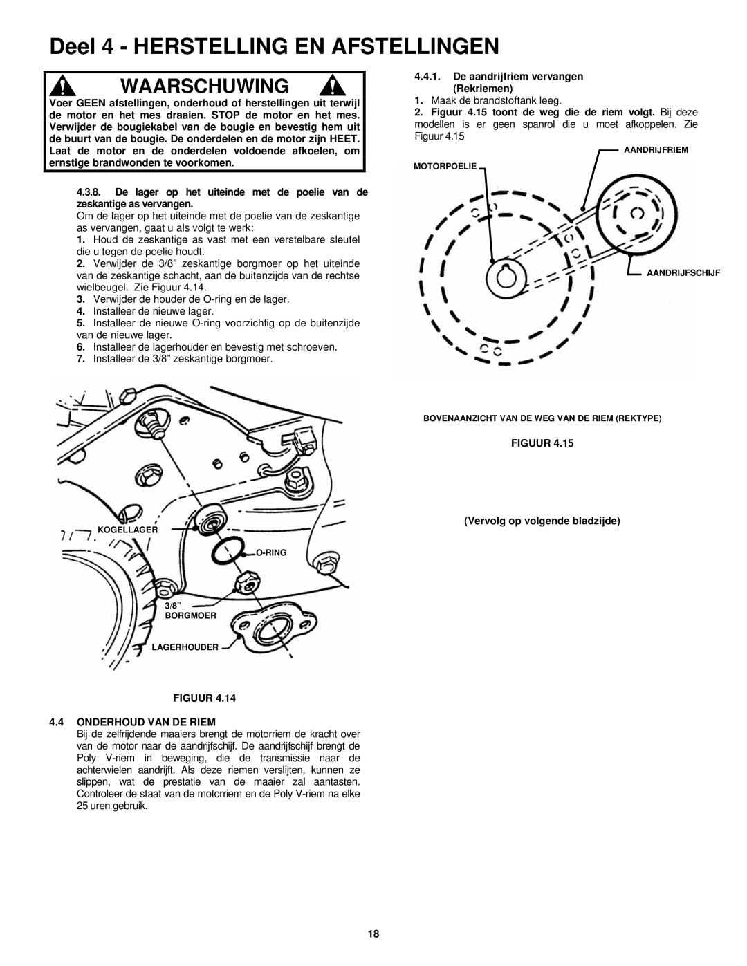 Snapper ERP217019BV manual De aandrijfriem vervangen Rekriemen, Vervolg op volgende bladzijde, Figuur Onderhoud VAN DE Riem 