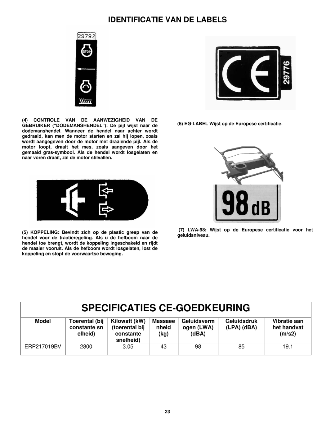 Snapper ERP217019BV manual Specificaties CE-GOEDKEURING 