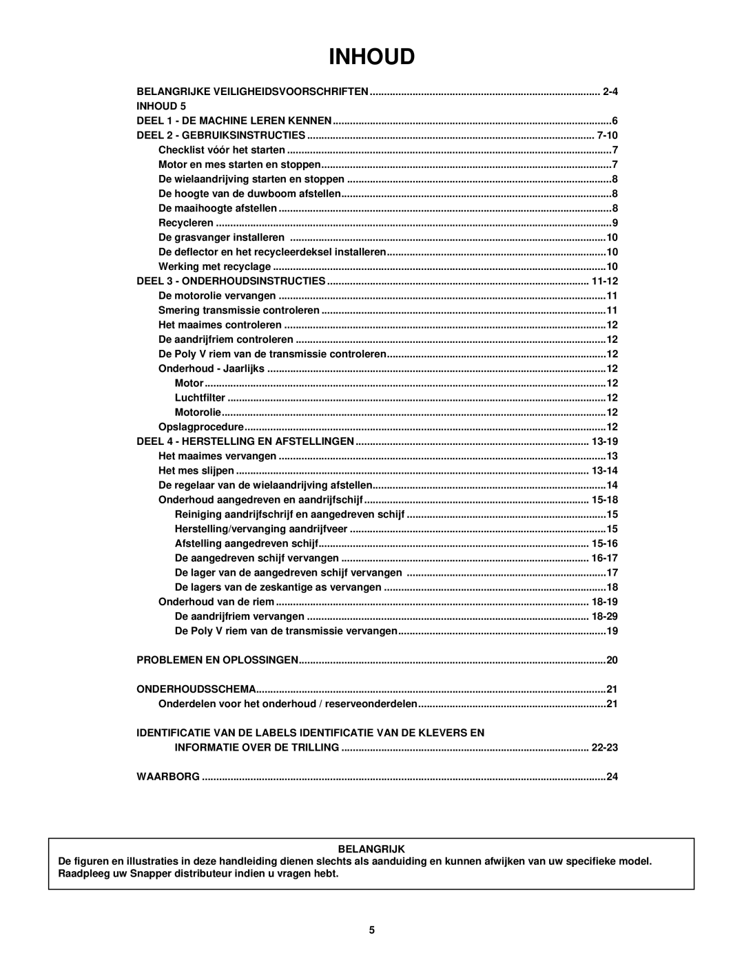 Snapper ERP217019BV manual Deel 3 Onderhoudsinstructies, Deel 4 Herstelling EN Afstellingen, Waarborg Belangrijk 