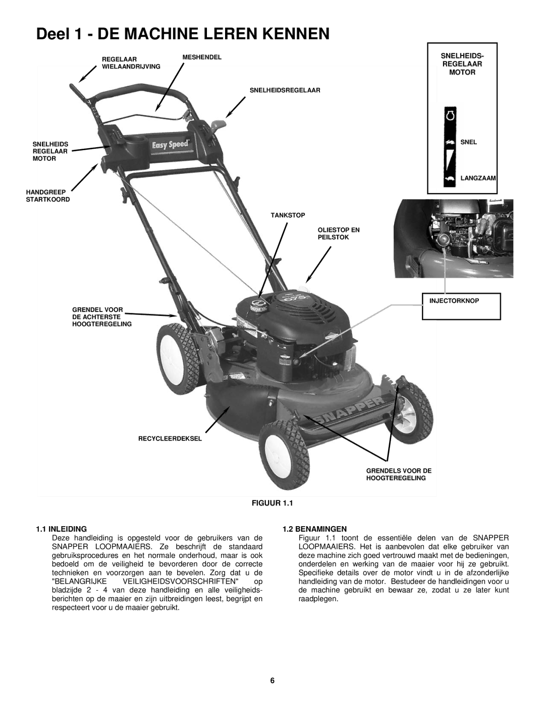 Snapper ERP217019BV manual Snelheids Regelaar Motor, Figuur Inleiding, Benamingen 