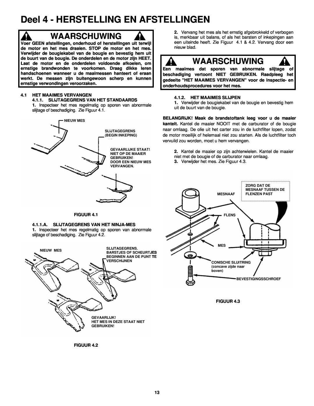 Snapper ERP217019BV manual Deel 4 - HERSTELLING EN AFSTELLINGEN, Waarschuwing 